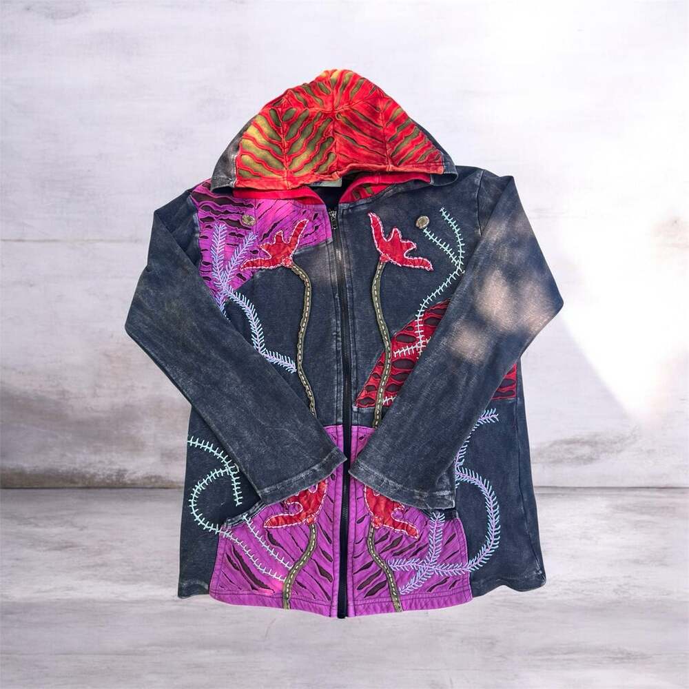 Y2k Happy Colors Boho Patchwork Razer Cut Floral Embroidered Zip-Up Hoodie